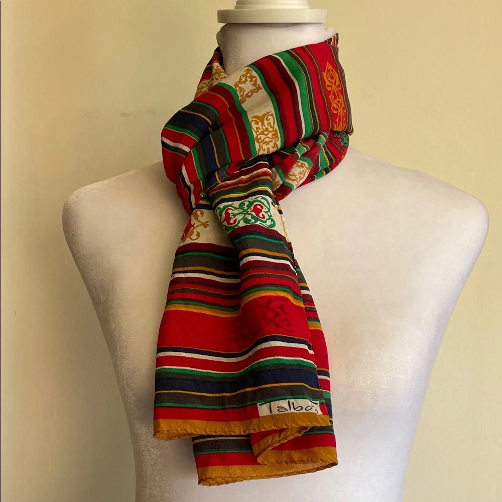 TALBOTS Vintage Oblong Silk Geometric Scroll Motif Multicolor Scarf